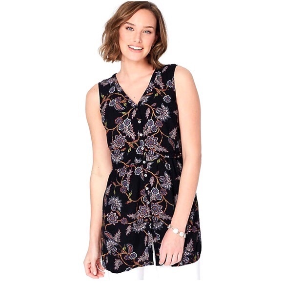 J Jill Sleeveless Tunic Top Womens Size XS Relaxed Fit Shirred Waist Button Up - Picture 2 of 14